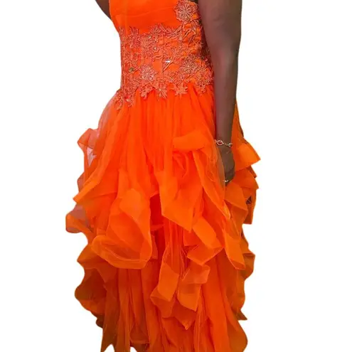 Stunning Orange Tulle Ball Gown with Floral Lace Applique Formal Evening Dress Size 6