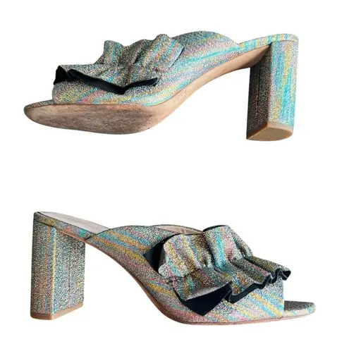Loeffler Randall Esme Rainbow Ruffle Slide Open Toe Metallic Block Heel Sandals