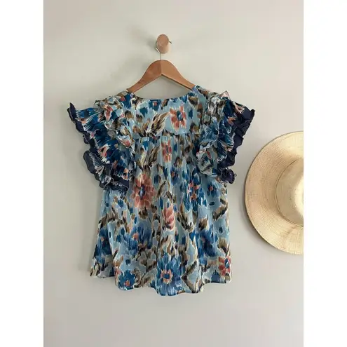 House of Harlow 1960 | Boho Ruffle Abstract Floral Top | Zoe Blue | Sz S