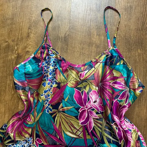 Vtg Y2K Satin Abstract Tropical Tank Top Cami Sz Medium Slip Pink