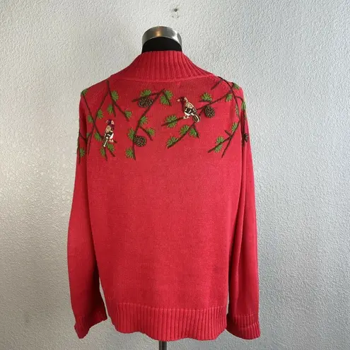 Coldwater Creek Vintage  Zip Cardigan Sweater L Large Red Embroidered Birds Pines