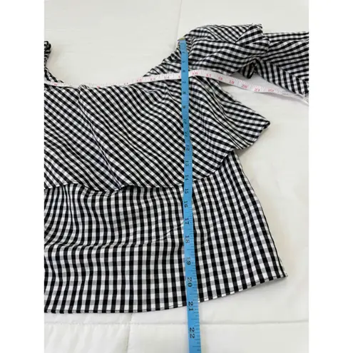 WAYF Gingham Pattern Ruffle Sleeves Off the shoulder Blouse Small preppy