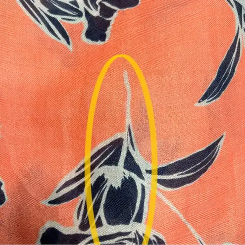 Salmon & Navy Blue Tulip Floral Print Rectangle Large Scarf With Mini Fringe Orange