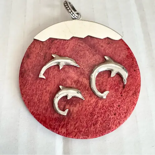 Dolphin Necklace Pendant Red Sponge Coral And Sterling Silver Large Round