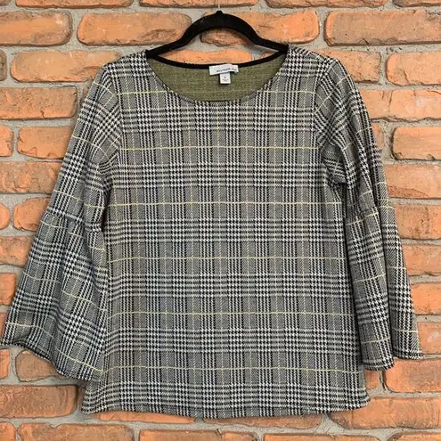 Allison Joy  Womens Plaid Knit Blouse Top Houndstooth Bell Sleeves Size Small