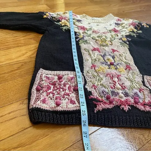 Vintage Jennifer Reed Floral Sweater Hand Knit Sz M black cream
