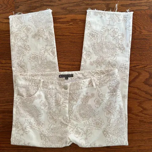 Elliott Lauren Size 12 Ivory Denim Brown Floral Straight Leg Cropped Jeans Tan