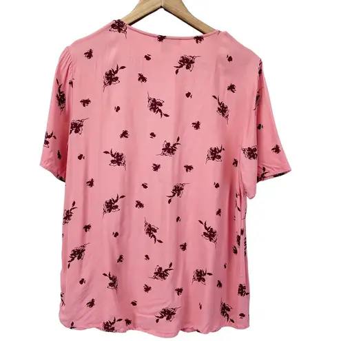 Something Navy  Womens L Short Sleeve Floral Blouse Mauve Pink V-Neck Viscose