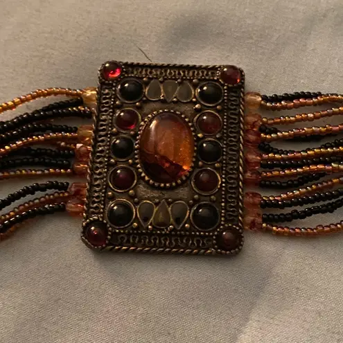 Vintage 9.25” Bracelet Multi Strand Beaded Rectangle Medallion 2” H Orange Black Gold