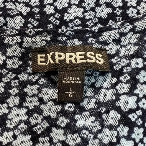 EXPRESS  Babydoll‎ Tank Top L Blue Navy Mesh Floral Ruffle V-Neck Smocked Waist