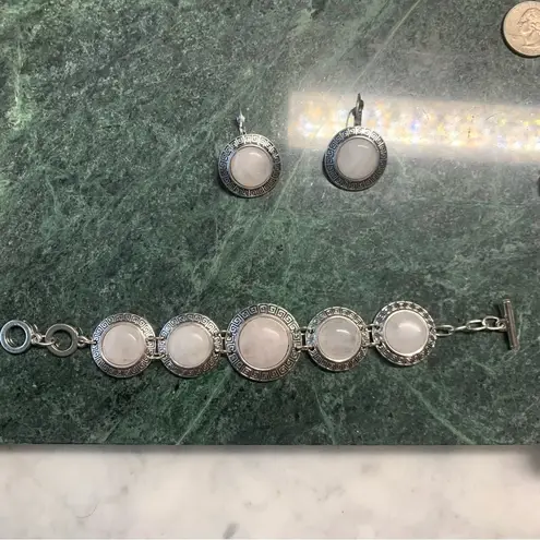 Pale Pink Quartz Greek Key Set Bracelet And Earrings Silver Plated