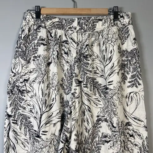 Tahari Women's 100% Linen Pant Wide Leg Black White Tropical Leaves Size L