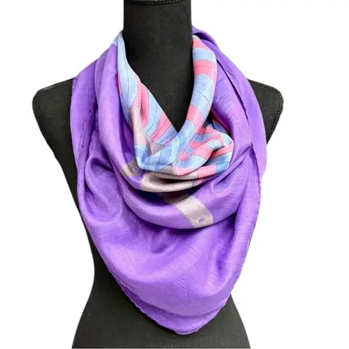 Vintage Purple Abstract Peacock Print Silk Scarf Hand Rolled Edges 40x40" EUC
