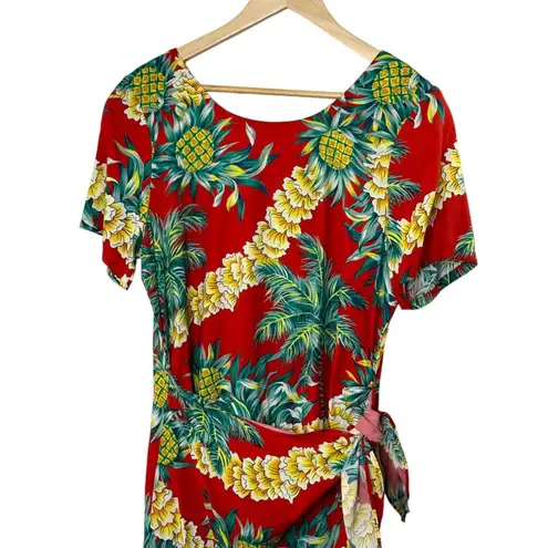 90's Hilo Hattie Auth Hawaiian Faux Wrap Sarong Dress Tropical Pineapple Medium
