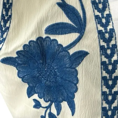 Women's White Blue Floral Embroidered Open Front Boho Crop Top Vest Coat Size L Size L