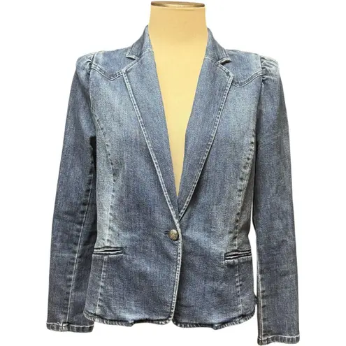 INC International Concepts Puff Shoulder Denim Jean Jacket Large Blue