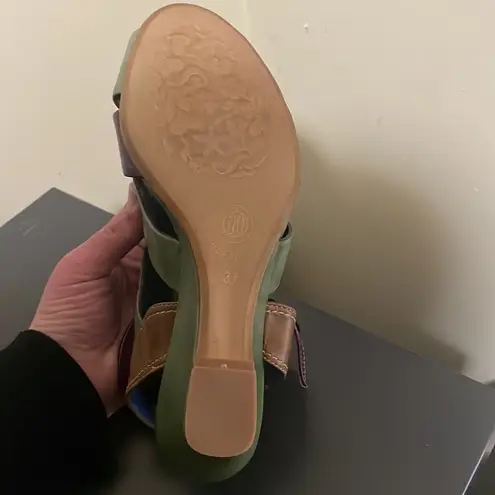 LAZIO COLLEZIONE Leather Green Purple Brown Bubba 2.5” Wedges $195 EUC 6.5