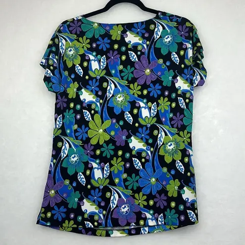 Chaus Floral Top Cowl Neck Short Sleeves Stretchy Material Sz S Purple