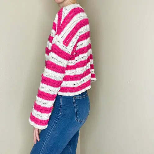 89th and Madison Pink & White Striped Cropped Flare Sleeve Crochet Sweater
