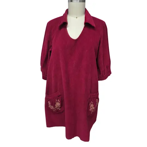 VTG 1990s–2000s April Cornell Corduroy Mini Dress Embroidered Pockets M/L Red Size M