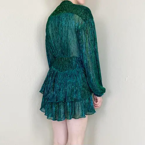 TALULAH Green Blue Sparkle Lamé Ruffle Tiered Mini Long Sleeve Dress