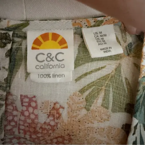 C&C California Dress 100% Linen Flutter Ruffle Sleeve Botanical Tropical Palms