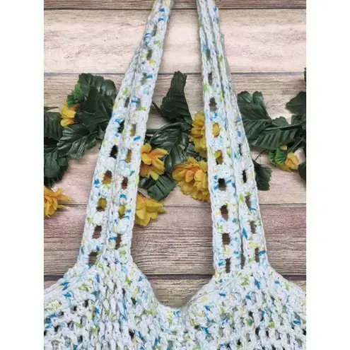 None Handmade Crochet Shoulder Bag Purse Satchel Variegated Blue Green Hippie Boho