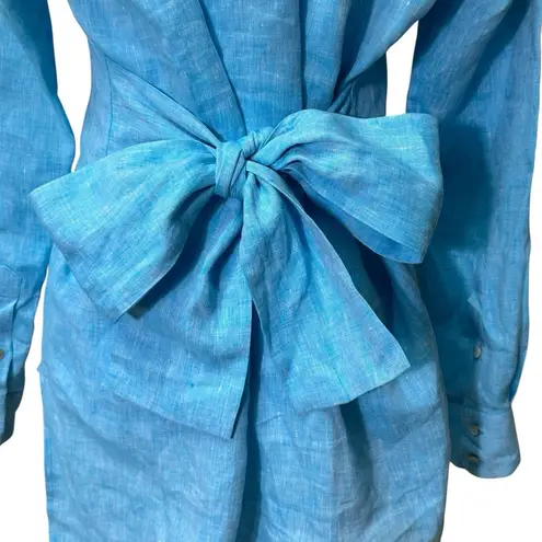 120% Lino Linen Teal Womens Long Sleeve Button Down Tunic Top Cinch Waist Tie M Blue Size M