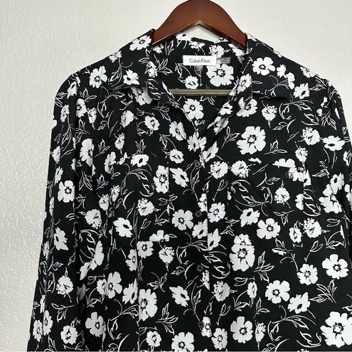 Calvin Klein  Women’s Floral Button Up Shirt Black Long Sleeve Business Casual M