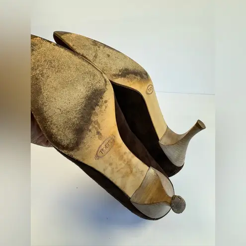 Tod's Penny Loafer Suede Kitten Heel Pumps Women’s Size 8.5 Brown