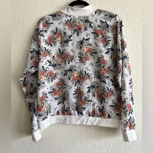 Floral Bomber Zip Up Lightweight Jacket XL White Stretchy Knit Casual Spring