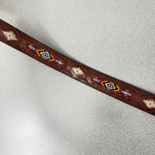 REI Beaded Leather Belt 30 Brown Colorful Stitched Western Southwest *No Buckle