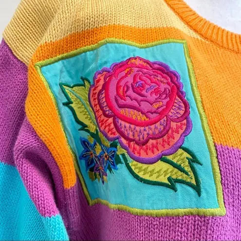 Vintage Rainbow Oversized Medium Knit Embroidered Sweater Patchwork