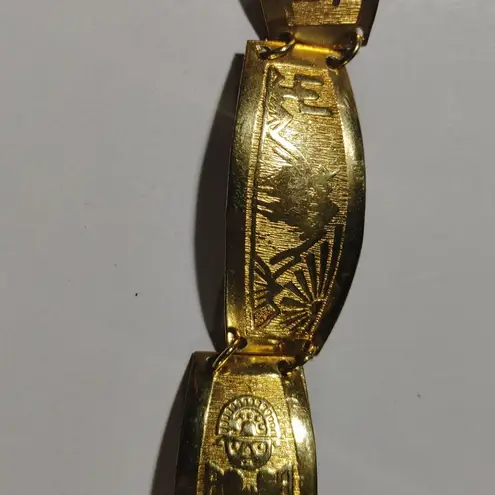 Vintage Peruvian Gold Toned Bracelet Storytelling Engravings Hook Closure