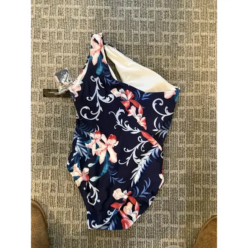 Carmen Marc Valvo One-Shoulder Cutout One-Piece Tropical Print Swimsuit Size 14