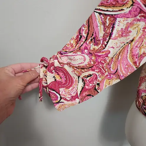 Vintage Zoe California 90s Pink Paisley Tie ¾ Sleeve Cropped Top Size Small