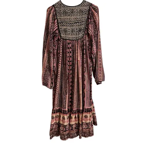 Vintage 1970s Phool Womens Size S Indian Block Print Cotton Boho Maxi Dress Pink
