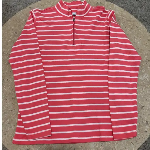 LLBean Striped Quarter Zip Pullover Sweatshirt Coral White Cotton Women's Med Pink