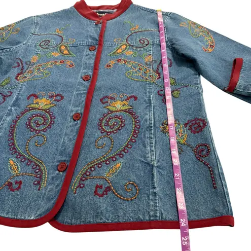 Denim & Co Denim Embroidered Paisley Jacket Trim Collar Boho Artsy Pockets Women Small