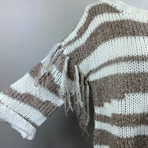 Sloane Rouge Sweater XS Fringe 3/4 Sleeve Wool Blend Striped Open Knit White