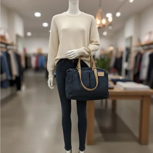 Coffee Bean Canvas Tote Bag Vintage Boho Neutral Beige Leather Strap Purse Blue