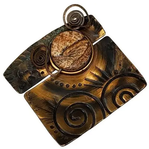 Vtg Copper Pin Brooch Textured Metalwork Sun Face Cork Center Abstract Modernist Brown