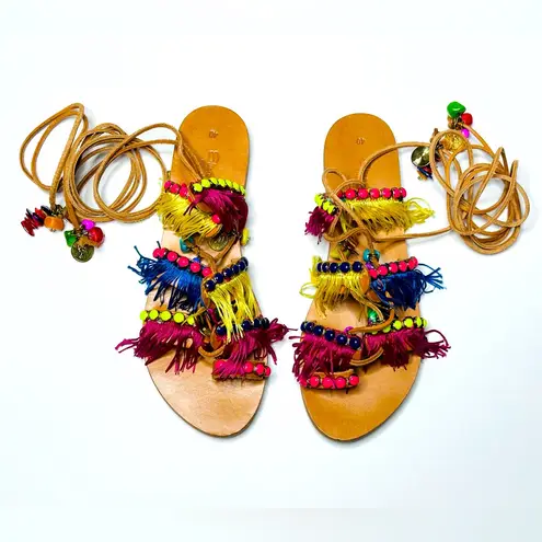 Elina Linardaki Greek Lace Up Gladiator Beaded Fringe Flat Sandal Shoe Size 10 Pink