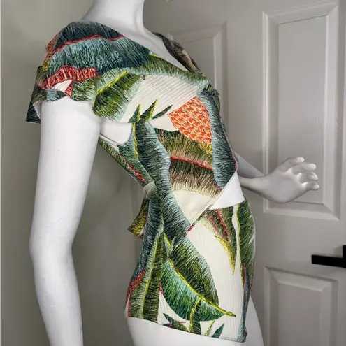 Farm Rio Green and Orange Asymmetrical Cut Out Bodysuit