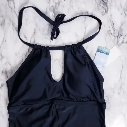 Island Waves Swim Tankini Moorea Adjustable Keyhole Halter Top Black Size 8