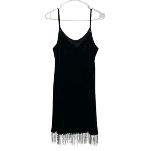 Kontatto Black Fringe Velvet Slip Black Dress(Size Medium)
