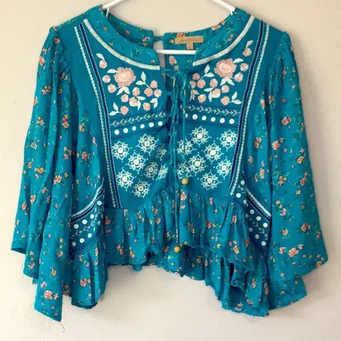 Wonderly  • Boho Flowy Blue Pink Floral Embroidered Lace Front Top Medium - Image 1