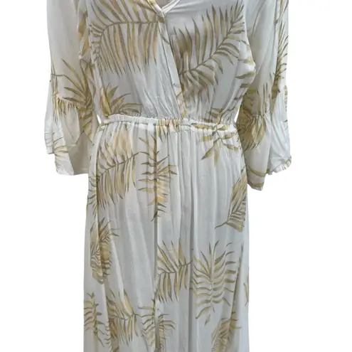 Tiare Hawaii Maxi Dress Kimono Sleeve Palm Print White Beige One Size
