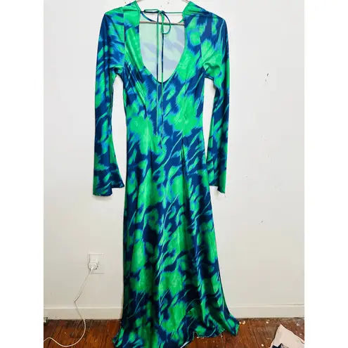 Free People THE WOLF GANG Calypso Green Blue Maxi Long Sleeve Dress sz Small