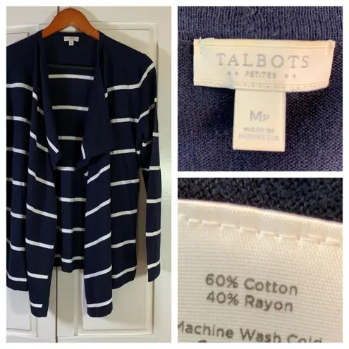 Talbots  Petite MP Navy White Stripe Open Cardigan Sweater Preppy Nautical Casual